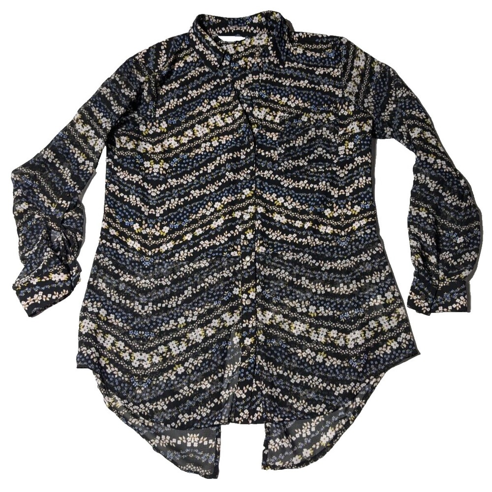 CANDIES Women Medium Black Multicolor Floral Semi-Sheer Drop Tail Button Blouse